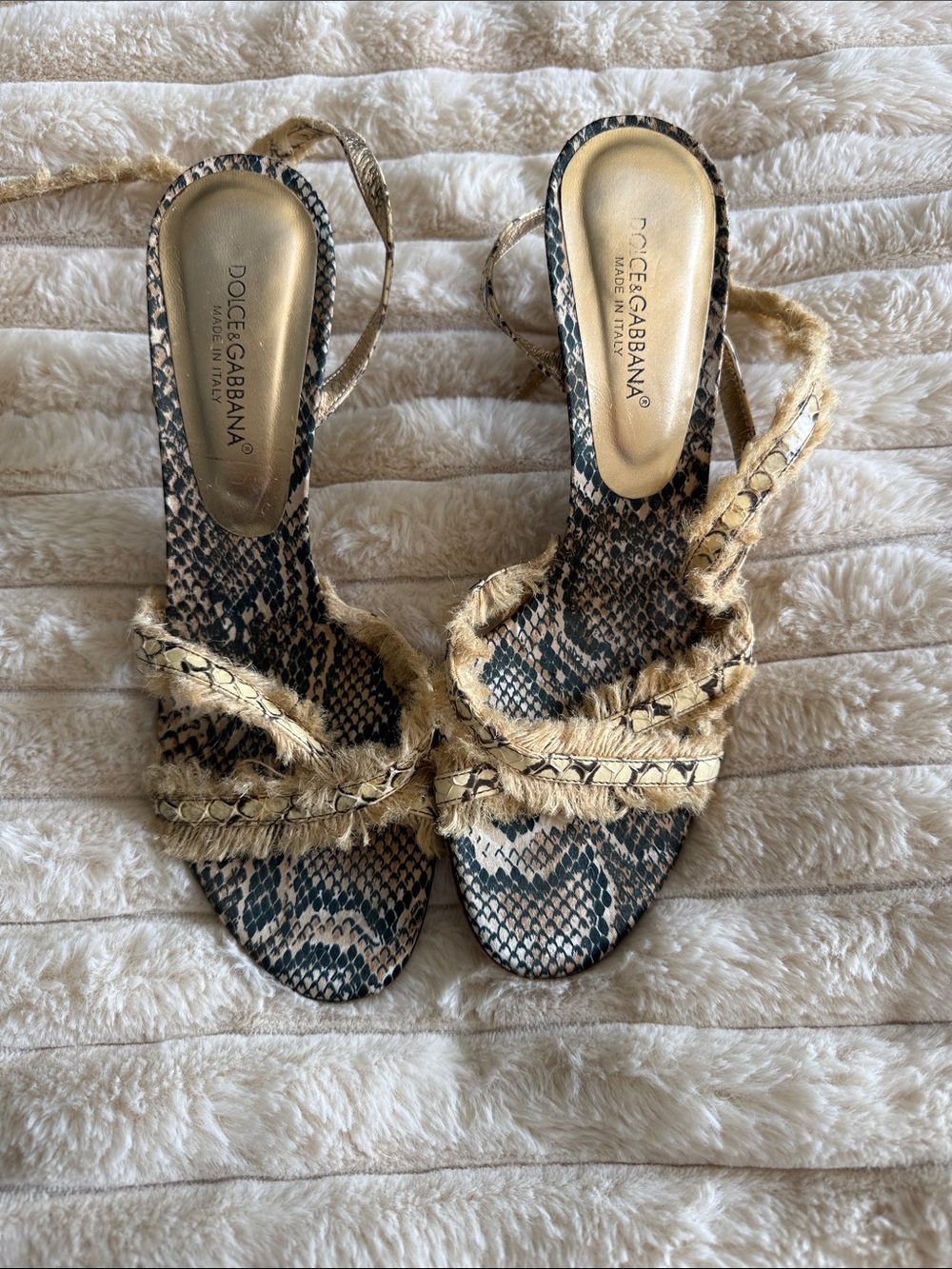 Vintage Dolce & Gabbana Snake-Print Raffia Trim Slingback Heels in Beige & Black
